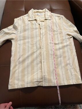 Zara Men Cream and Beige Striped Short Sleeve Button-Down Shirt